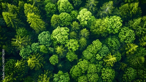 Top view of a young green forest in spring or summer, in the style of natural beauty, vibrant colors