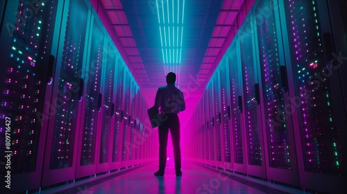 An IT specialist stands beside a row of operational server racks, using a laptop for maintenance. Concept for cloud computing, artificial intelligence, and supercomputers. Neon lights.
