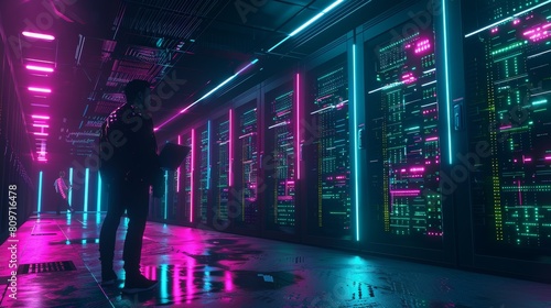 Male IT specialist uses laptop to maintain operational server racks in dark data center. Concept for Cloud Computing, Artificial Intelligence, Supercomputer. Neon lights.