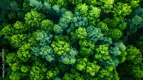 Top view of a young green forest in spring or summer, in the style of natural beauty, vibrant colors