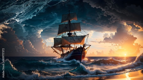 Fantasy pirate ship on the sea background. Generative AI