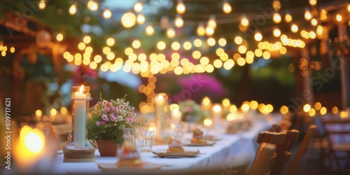 An elegant dining table setup outdoors adorned with lights, creating a warm and inviting atmosphere at dusk