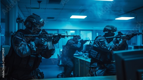An armed SWAT team storms a darkened office building seized by the army. Soldiers with rifles move forward and cover the surroundings.