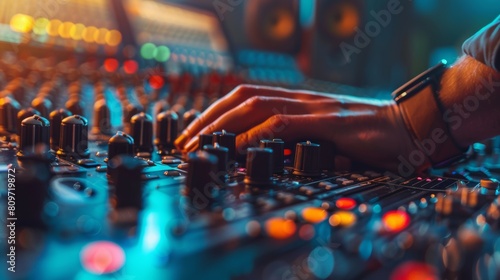 The technician uses the Surface Control Desk equalizer mixer to broadcast, record, play hit songs. Close-up of hands.