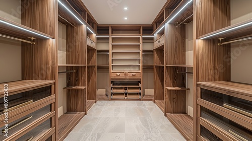 Sophisticated and roomy walk-in closet made of walnut wood, perfectly paired with soft beige walls for a subtle, refined look