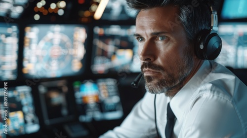A male air traffic controller in a cockpit is talking on a call. The room is full of desktop computers with navigation screens, radar screen displays for the team, and a Dutch angle for the camera.