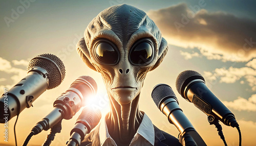 Extreme close-up of an alien speaking to reporters and looking at camera at a press conference in front of a group of professional microphones. Alien giving speech to mankind, concept. Generative Ai.