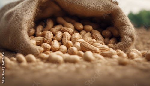 Peanuts in jute sack bag, background is peanut farm, roasted peanuts are poured and overturned 