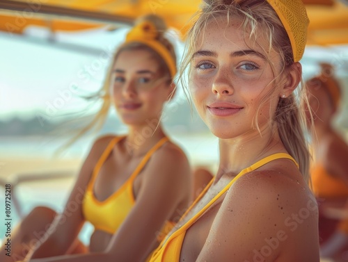 2 women lifeguard at beach at summer