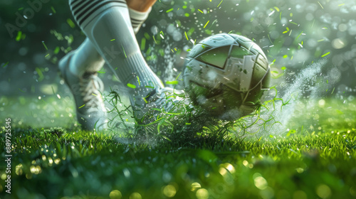 soccer player's shoes striking the ball for a powerful shot, focusing on the detailed impact moment and grass flying.