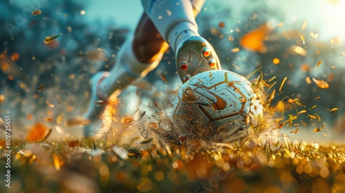 soccer player's shoes striking the ball for a powerful shot, focusing on the detailed impact moment and grass flying.