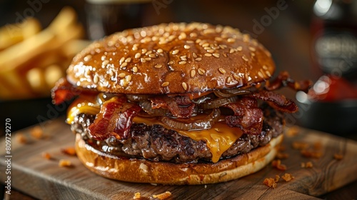 gourmet burger creations, a gourmet burger delight with gooey cheese, crispy bacon, and caramelized onions between golden buns, creating luscious layers of flavor