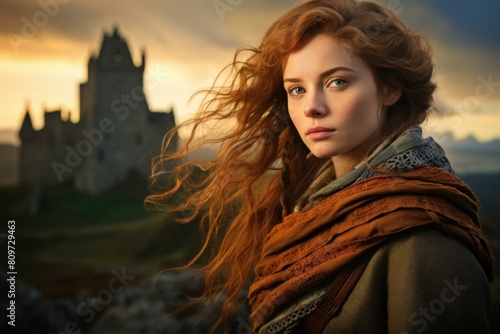 Rugged Scot woman skirt scottish castle. Tower palace. Generate Ai