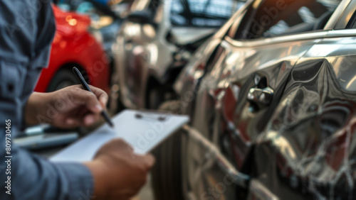 Car accident engineer taking notes