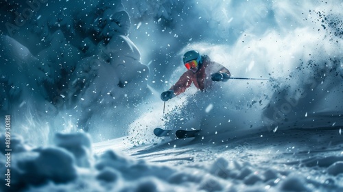 skier making a sharp turn, with snow particles flying, capturing the action and intensity of the moment.