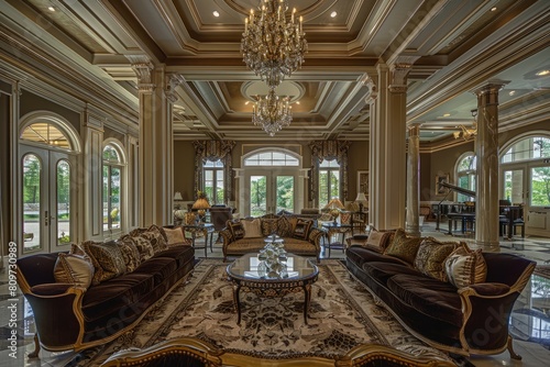 Spacious living room with elegant couches, high ceilings, and a stunning crystal chandelier