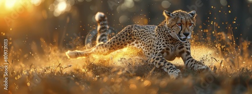 Clean minimalist 3D rendered cheetah costume with a stopwatch, savannah sunrise background to emphasize speed.