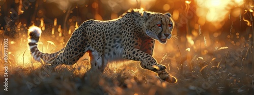 A sleek 3D cheetah costume with a stopwatch against a sunrise savannah backdrop, highlighting its swiftness.