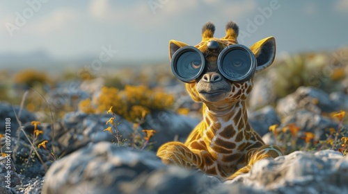 A sleek 3D giraffe costume with a spyglass against a high-altitude backdrop symbolizes keen foresight and vision.