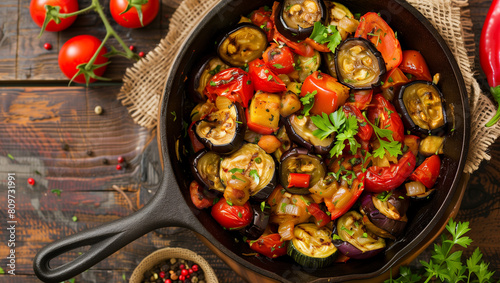 Modern style traditional French ratatouille with tomatoes, eggplant and zucchini served as top view in a rustic cast-iron skillet 