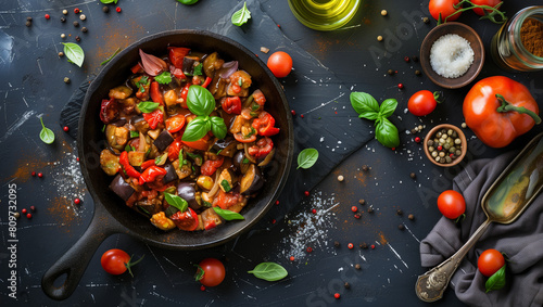 Modern style traditional French ratatouille with tomatoes, eggplant and zucchini served as top view in a rustic cast-iron skillet 