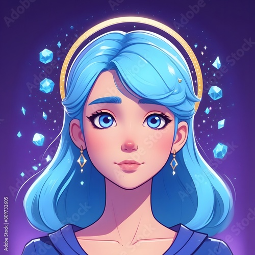 woman with blue hair and a halo around her head on a simple pure purple background, glowing small diamonds in her hair, angels, beautiful dolphin anime aesthetics, nephilim, blue, retro 80s