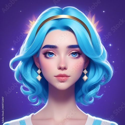 woman with blue hair and a halo around her head on a simple pure purple background, glowing small diamonds in her hair, angels, beautiful dolphin anime aesthetics, nephilim, blue, retro 80s