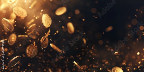 An abstract image of coins in motion giving a sense of finance, investment, or wealth The dark ambiance adds a mystic allure