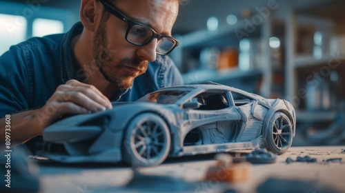 An automotive designer in glasses works on a prototype car out of polymer modeling clay, sculpting the surface, contemplating the 3D sculpture, and looking thoughtfully at it.