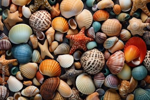 Top view of a diverse collection of vibrant seashells and starfish, ideal for marine themes