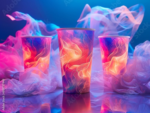 Crystal clinking ice cubes dance in a colorful glass with a wisp of smoke in the background