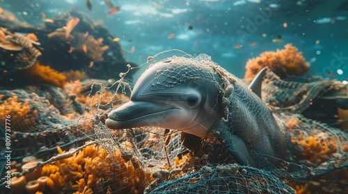 Dolphin, discarded fishing nets, entangled and trapped, colorful coral reef background, overcast skies, realistic image, golden hour, chromatic aberration