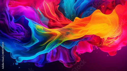 Multi-colored liquid ink paint abstract background banner. Waves of colorful smoke poster. Bright colorful wallpaper. Digital raster bitmap. Photo style. AI artwork. 
