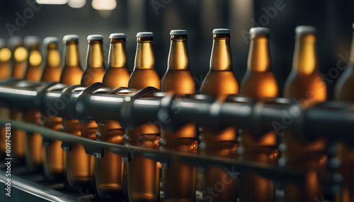 bottled capped beers standing synchronized on the production line of a modern beer factory 