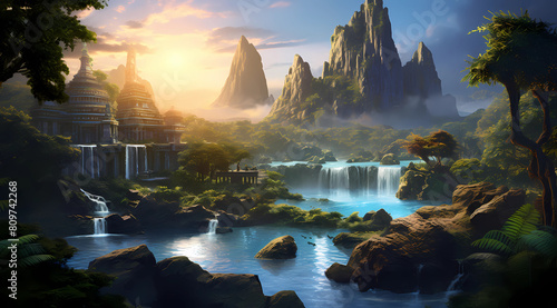 A fantasy landscape of an ancient civilization, featuring waterfalls and towering mountains