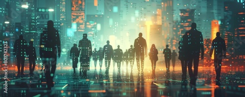 a group of people walking in a dark futuristic city street