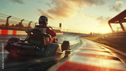 Go-kart racer speeds down the track at dusk, chasing victory.