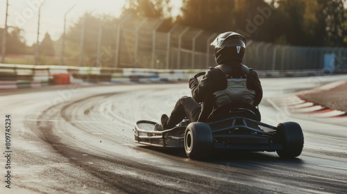 Intense kart racer focused on victory as they speed around a sunlit track.
