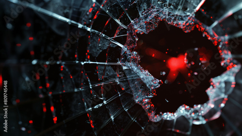 Close-up of shattered glass with a crimson glow, symbolizing breakage and danger.