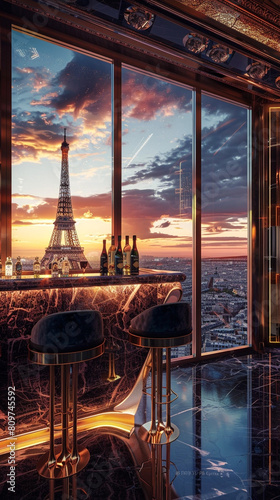 Exquisite Parisian penthouse, illustration overlooking the Eiffel Tower: luxurious Art Wild interior, champagne bar, floor-to-ceiling windows, and sunset over the Seine.