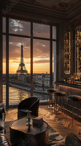 Exquisite Parisian penthouse, illustration overlooking the Eiffel Tower: luxurious Art Wild interior, champagne bar, floor-to-ceiling windows, and sunset over the Seine.