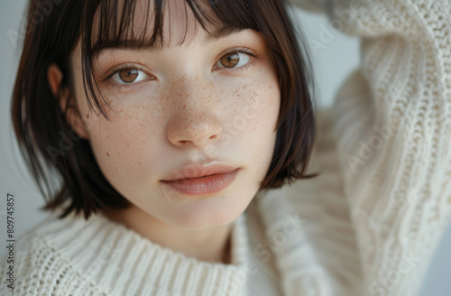 Japanese woman with medium length hair, bangs and a white sweater, posing for a photo, closeup of her upper body, natural makeup, light background