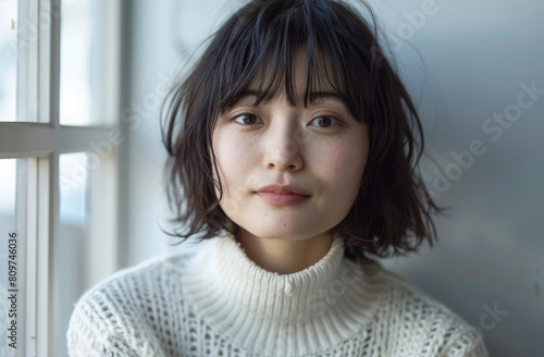 Japanese woman with medium length hair, bangs and a white sweater, posing for a photo, closeup of her upper body, natural makeup, light background