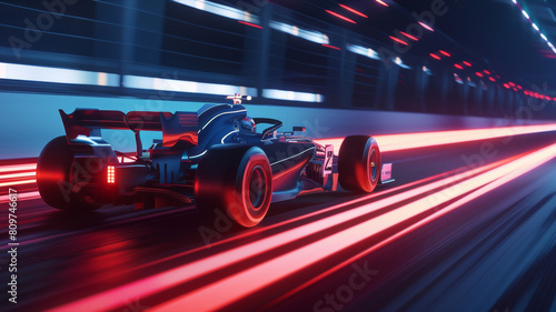 Formula racing car blitzes down the track, leaving a trail of light streaks.