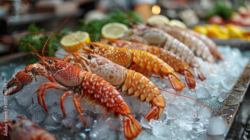 seafood market display, vibrant crustaceans, like shrimp, crabs, and lobsters, beautifully arranged on ice at a seafood stall, offering a bountiful display of ocean treasures