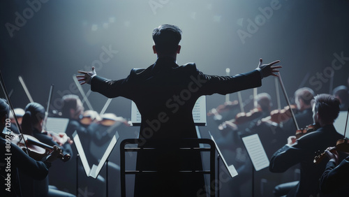 Conductor leading an orchestra with dramatic flair against black backdrop highlighted by stage lights.