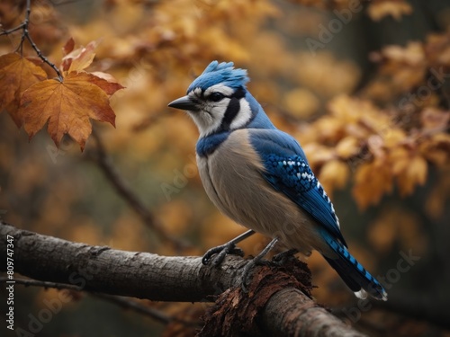 A Blue Jay ruffling its feathers seating on branch