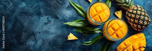 Summer Refreshment Fresh Mango Juice with Sliced Pineapple and Vibrant Green Leaves on a Wallpaper Background