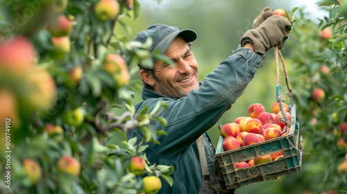 Apple Orchard Harvest: Worker Handpicking Fresh Apples in Autumn