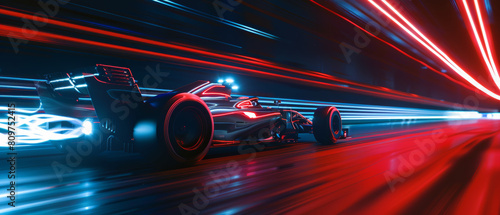 High-speed formula racing car blurs past, streaking under a tunnel of vibrant neon lights.